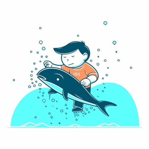 Boy swimming with a dolphin in cartoon style on white background