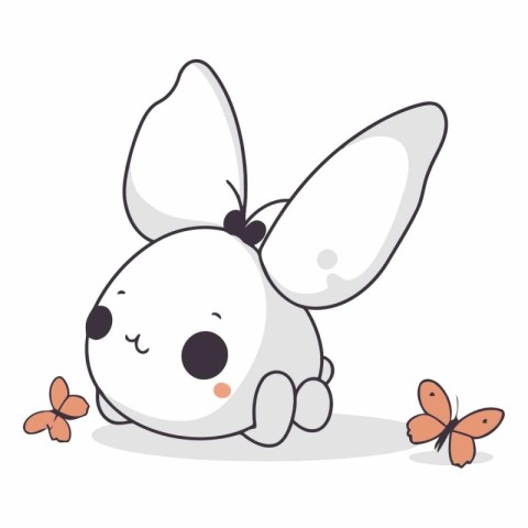 Cute white bunny with butterflies on white background.