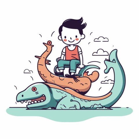 Boy riding a big dinosaur in the sea. vector cartoon illustratio