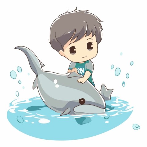 Little boy and dolphin in the sea of a cartoon character.