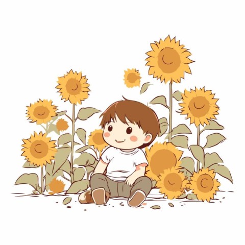 Cute little boy sitting on sunflower field.