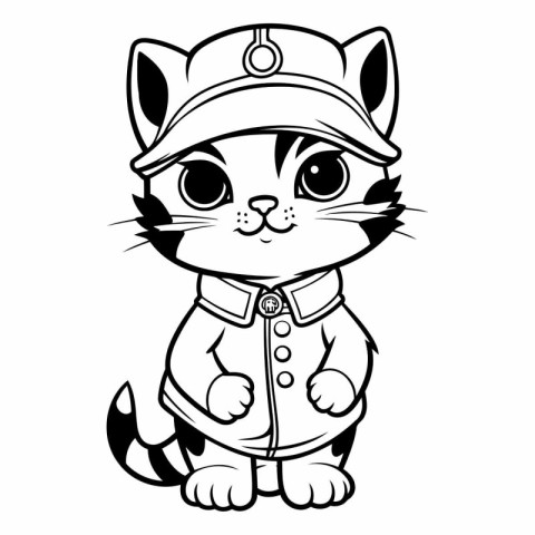 Black and White Cartoon Illustration of Cute Cat Mascot Characte