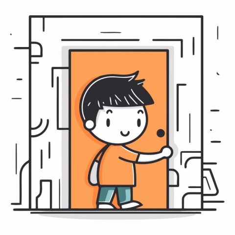 Cartoon boy opening the door in flat style.