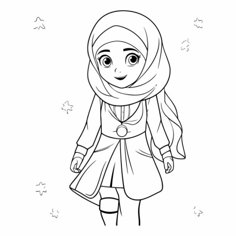 Cute cartoon muslim girl with hijab for coloring book.