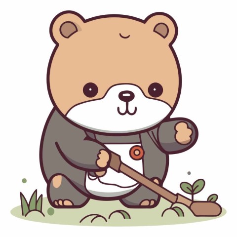 Cute cartoon beaver with a shovel on white background.