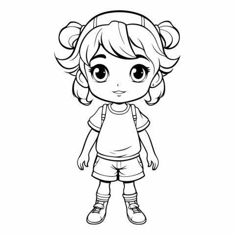 Cute little girl in headphones for coloring book.