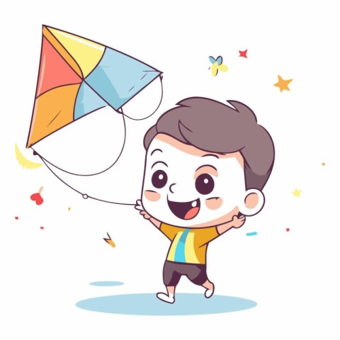 Cute boy playing with kite in cartoon style