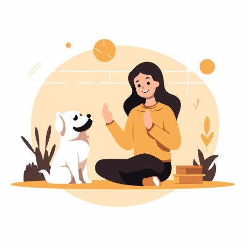 Girl sitting with dog in the park in flat style