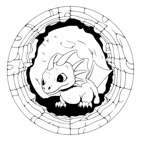 Dragon peeking out of the hole. Black and white vector illustrat