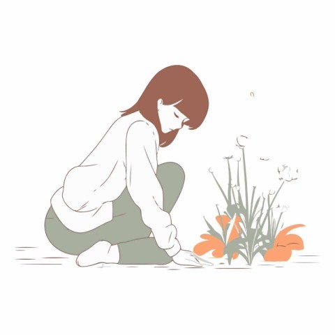 Illustration of a sad woman sitting on the ground with flowers.