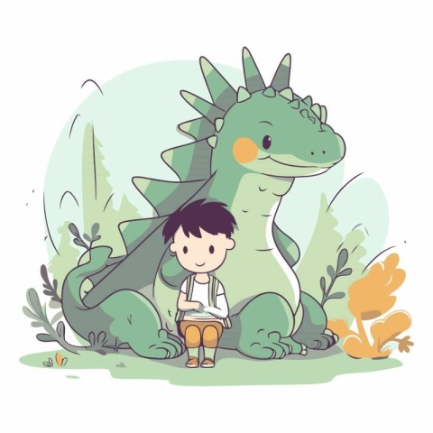 Cute little boy with dinosaur in the park.