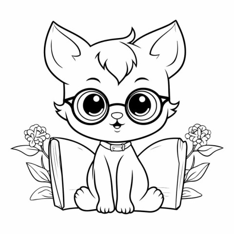 Cute cartoon cat with glasses for coloring book.