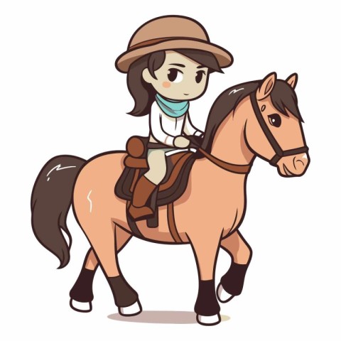 Illustration of a girl wearing a hat and riding a horse.