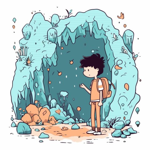 Vector illustration of a little boy in the cave. Cute cartoon st