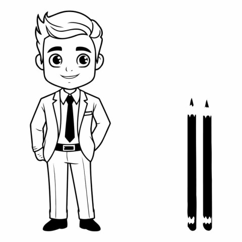 Businessman with pencils cartoon black and white vector illustra