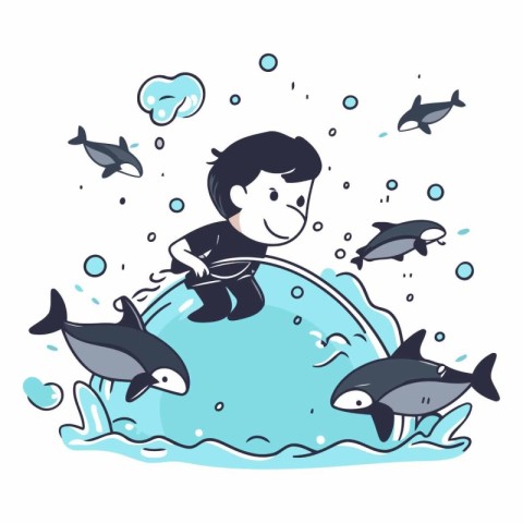 Cartoon boy fishing in the sea of a boy fishing with dolphins.