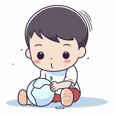 Cute little boy sitting and playing soccer. Vector cartoon illus