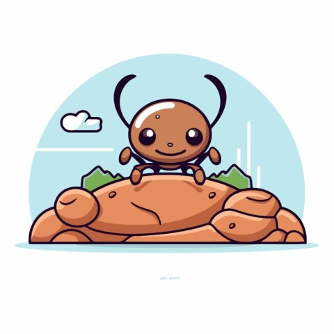 Cute little ant sitting on the rock in cartoon style.