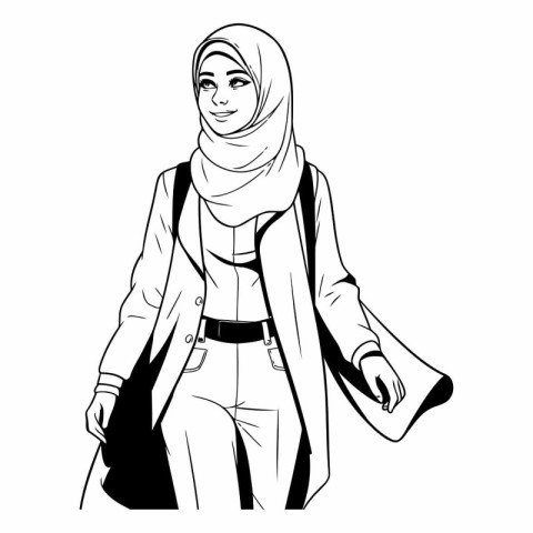 Hijab woman with bag in black and white vector illustration grap