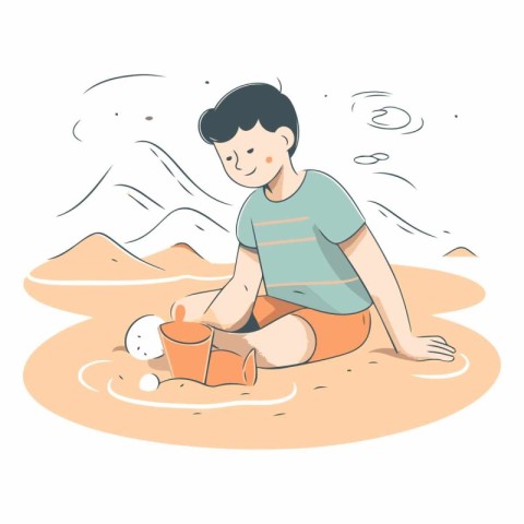 Boy playing with sand on the beach in cartoon style.