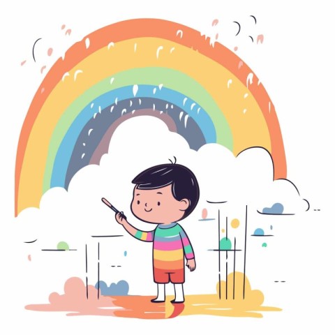 Cute little boy holding a stick and looking at the rainbow