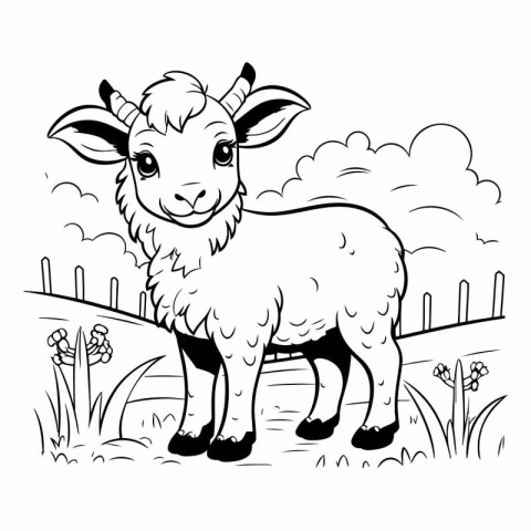 Vector image of a cute cartoon sheep on a meadow. Black and whit