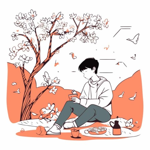 Vector illustration of a young man sitting on the ground in the