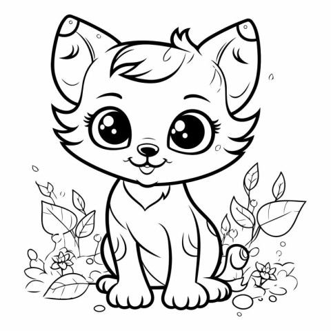 Cute cartoon cat with flowers for coloring book.