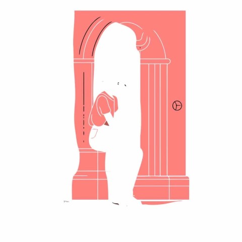 Silhouette of a girl with a dog on the background of an arch