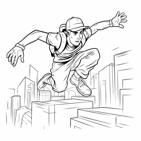 Vector illustration of a boy jumping in the city. Skateboarding.