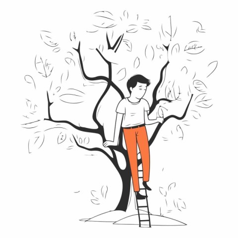 Young man climbing the ladder to the tree. Vector hand drawn ill