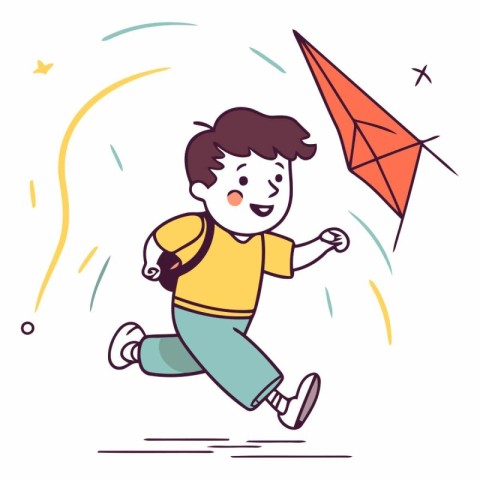 Happy boy running with flying paper plane in cartoon style.