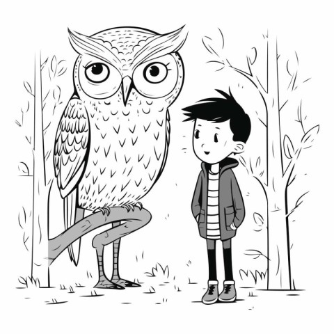 Owl and boy in the forest in black and white.