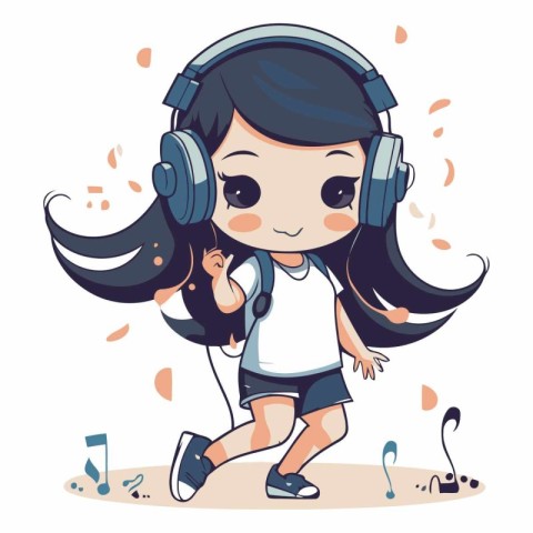 Cute little girl listening to music with headphones.