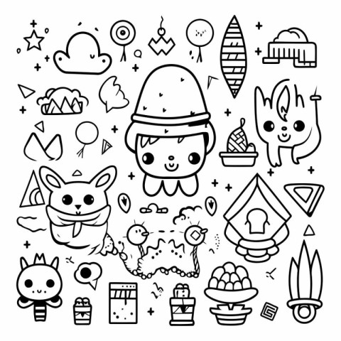 Cute kawaii animals doodle set