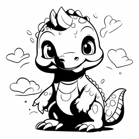 Cute cartoon dinosaur in love. Black and white vector illustrati