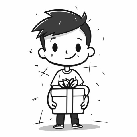 Boy holding a gift box - Black and White Cartoon Vector Illustra