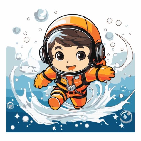 Cute cartoon boy in space suit and helmet on the wave.