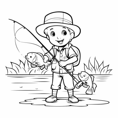 Fisherman with a fishing rod and a fish. Coloring book