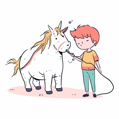 Cute little boy and white unicorn. Hand drawn vector illustratio