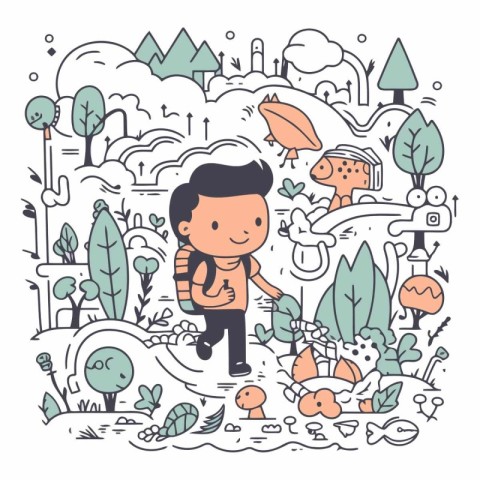 Vector illustration of a little boy walking in the park. surroun