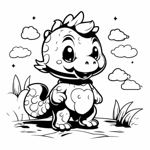 Black and White Cartoon Illustration of Cute Dinosaur Animal Cha