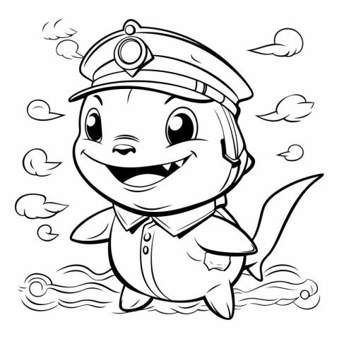 Black and White Cartoon Illustration of Cute Marine Captain Char