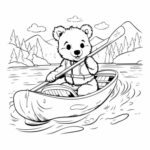 Cute bear in a kayak. Hand drawn vector illustration.