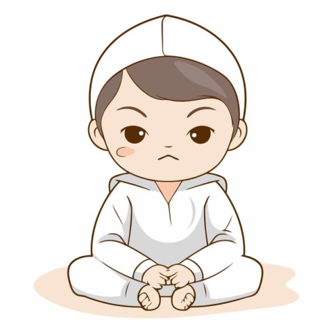 Illustration of a Muslim boy in prayer position on white backgro