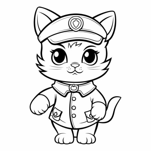 Black and White Cartoon Illustration of Cute Cat Captain Charact