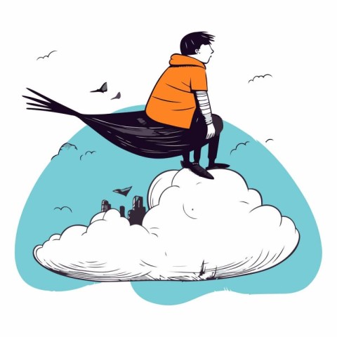 Man sitting on the cloud in a flat style.