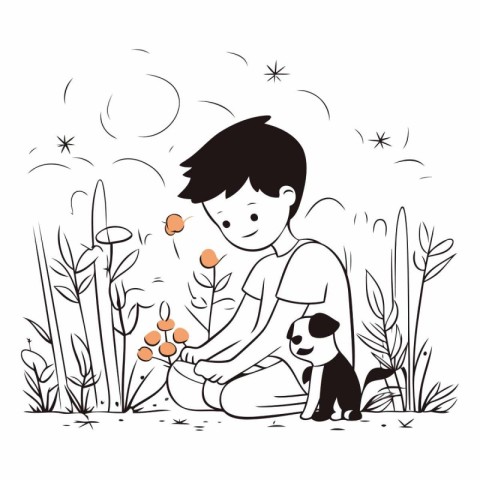 Boy planting flowers in the garden. Black and white vector illus