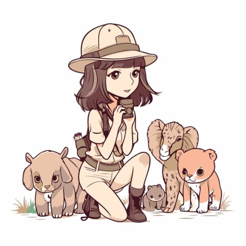 Illustration of a cute girl in safari outfit with her animals