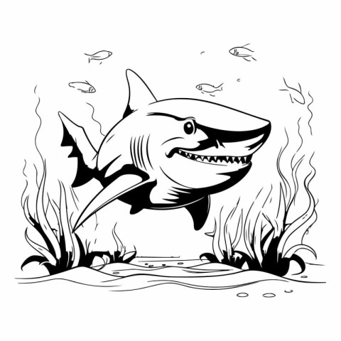 Shark in the ocean. Black and white vector illustration isolated